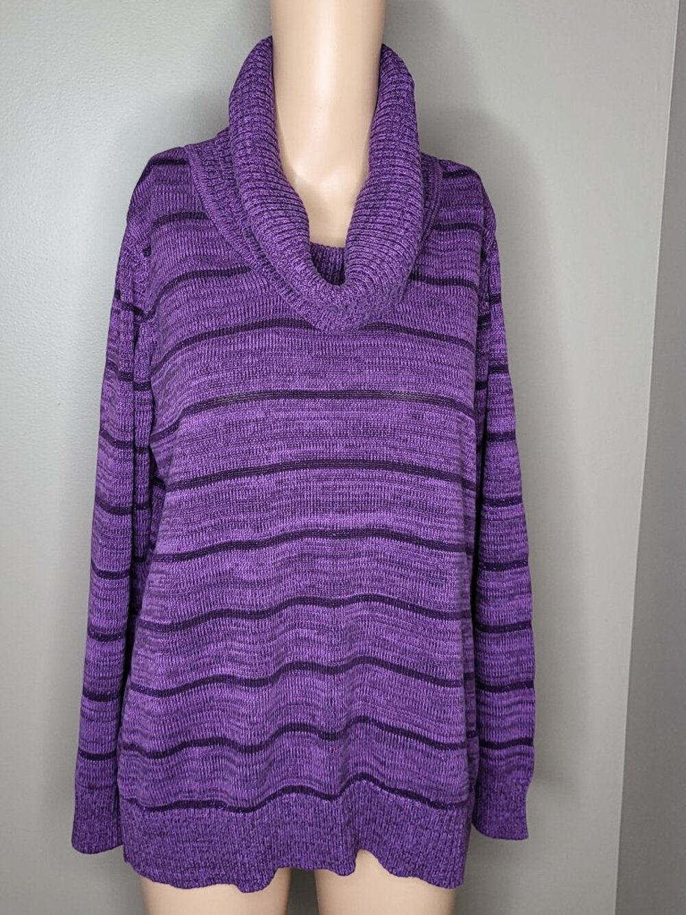 Basic Editions Woman Purple Striped Cowl Neck Sweater Plus Size 1X